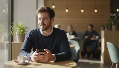 Uomo seduto al bar, nervoso, si prepara mentalmente prima del primo appuntamento